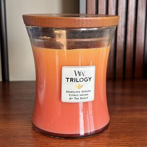 Woodwick WW Trilogy 9.7oz Sparkling Ginger Melon Beach Candle Crackling Fire New
